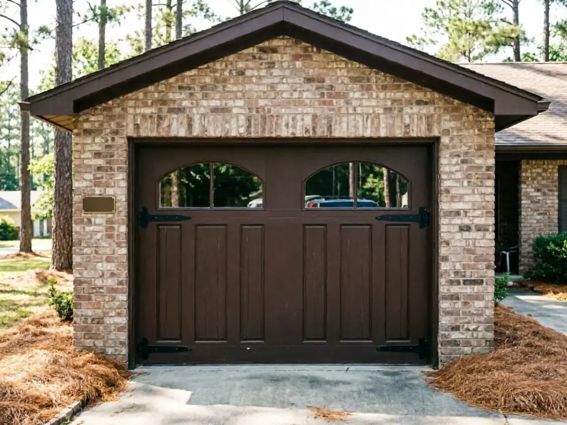 A brown garage door with arched windows on a brick garage.