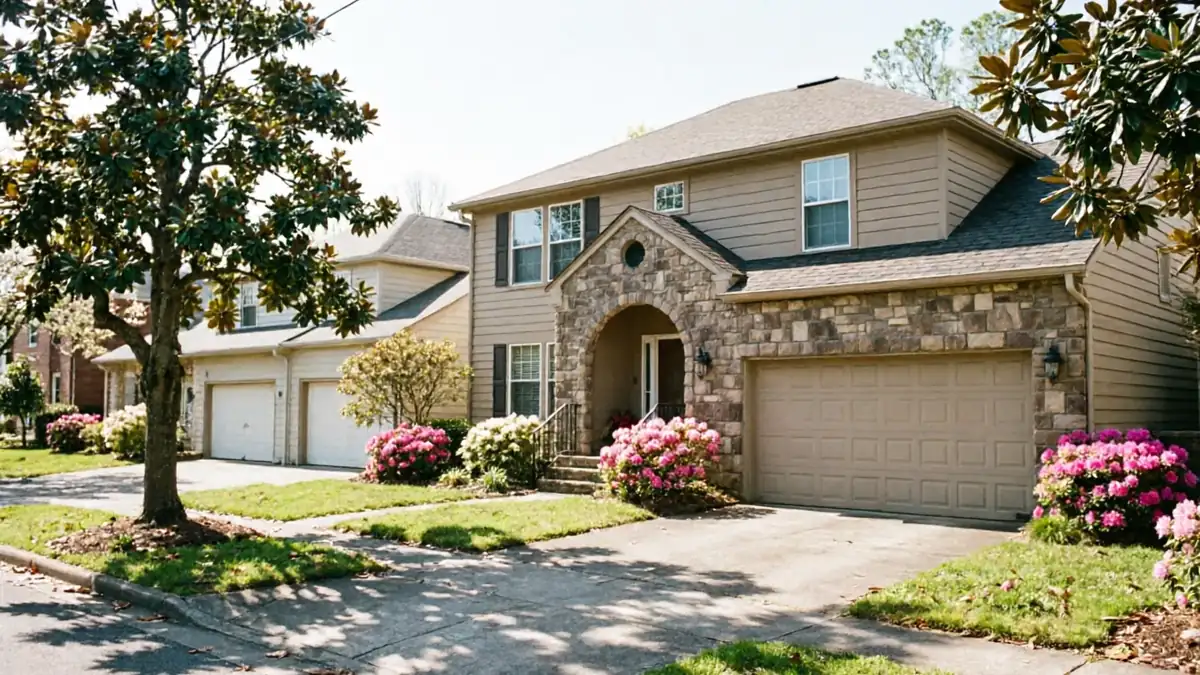 A tan house with a stone facade and a tan garage door is visible.