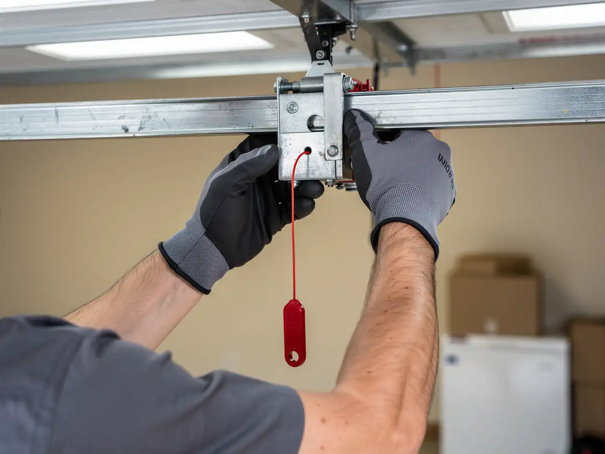 A technician's gloved hands are working on a garage door opener rail.